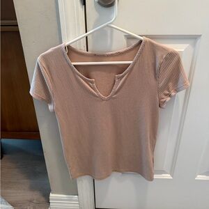 YMI Ribbed Notch V-Neck Short Sleeve Tee - Dusty Pink
